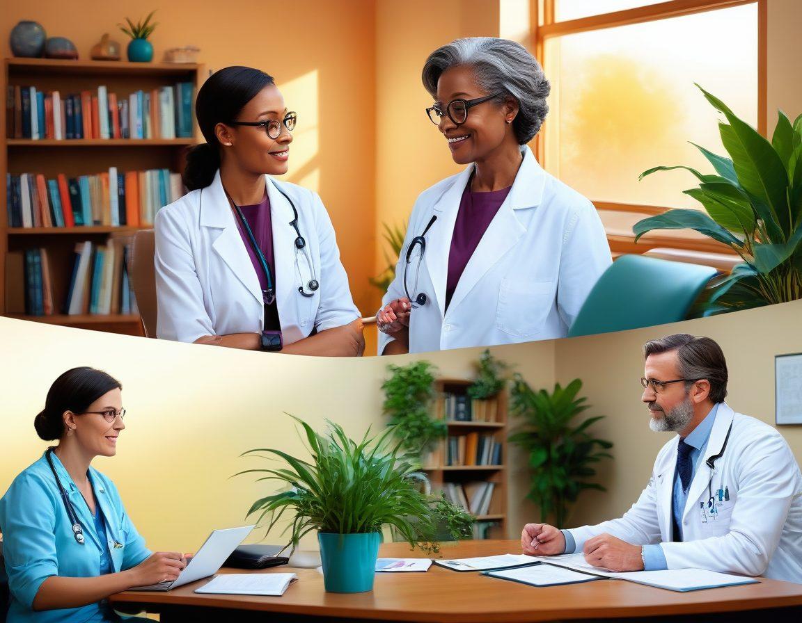 A split image featuring a confident doctor discussing sexual health on one side, with a cozy, inviting office setting, and on the other side, abstract artistic representations of human anatomy intertwined with colorful graphics symbolizing mature themes. Include subtle symbols of communication like speech bubbles or dialogue between the two sections. The overall atmosphere should be respectful yet informative. vibrant colors. modern illustration.