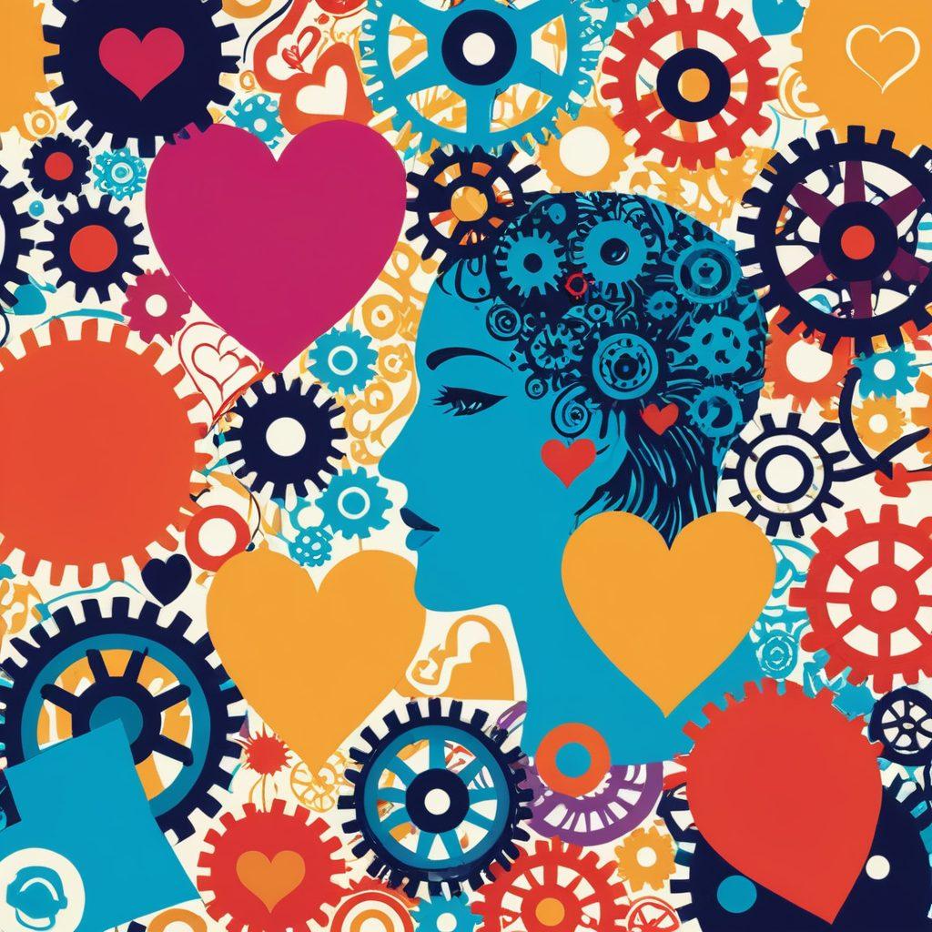 A vibrant collage merging elements of adult animation with subtle psychological symbols, like intertwined hearts and brain gears, set against a dreamy, abstract background. Incorporate stylized characters engaging in playful interactions, reflecting intimacy and connection. Use bold colors and fluid shapes to evoke desire and complexity in relationships. super-realistic. vibrant colors. abstract background.